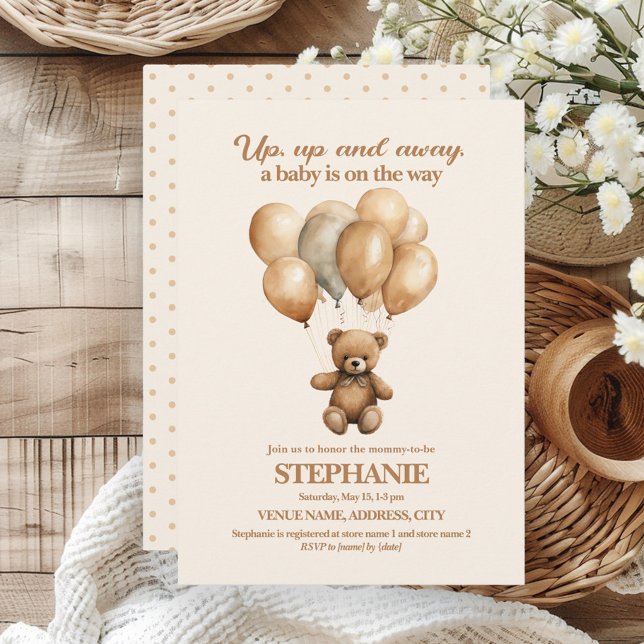Convites Ursinho Up Up Away Neutro (Vintage teddy bear and balloons gender neutral baby shower invitation)