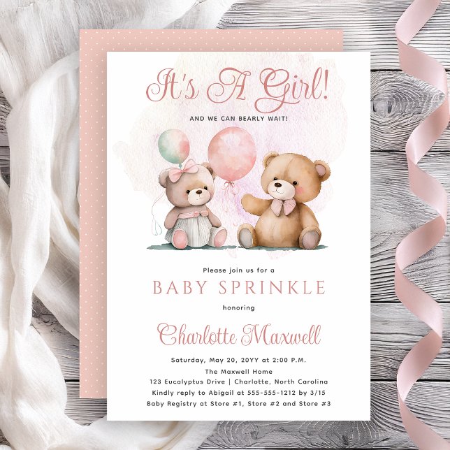 Convites Ursinhos de pelúcia É uma menina Mal podemos esper (Teddy Bears It's A Girl Bearly Wait Baby Sprinkle Shower Invitation -- Print | Digital Download)