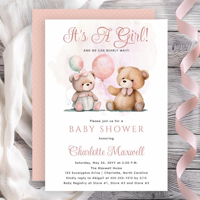 Convites Ursinhos de pelúcia É uma menina Mal podemos esper (Teddy Bears Balloons It's A Girl Bearly Wait Baby Shower Invitation -- Print | Digital Download)