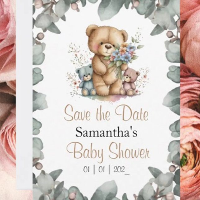 Convites Ursinhos Gêmeos Aquarela Verde a Data (Celebrate your little cub's arrival with our Beary Cute teddy bear baby shower invitations! )