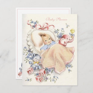 Convites Urso Azul-Elefante Rosa-Chá de fraldas do Vintage