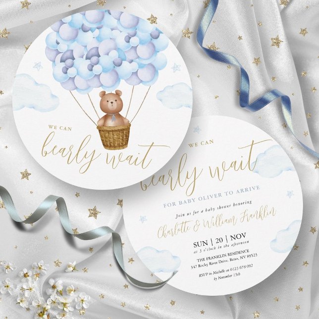 Convites Urso Azul Garotinho Mal Pode Esperar Chá de Bebê d (Blue Boy Bearly Wait Teddy Bear Baby Shower Invitation)