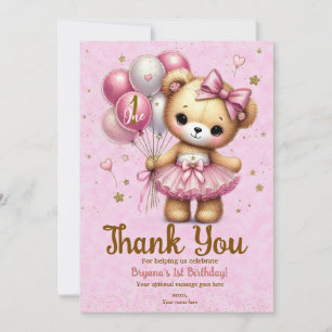Convites Urso Bailarina Rosa Balão Brilho Obrigado