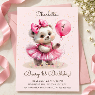 Convites Urso Bailarina Rosa Primeiro Aniversário Beary