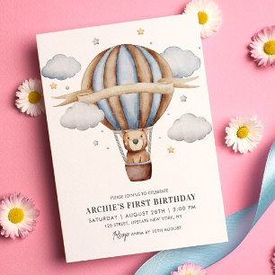 Convites Urso Balão Aquarela Meninos 1º Aniversário Fofo