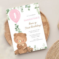 Urso, balões de mulheres rosa-verde, primeira aniv