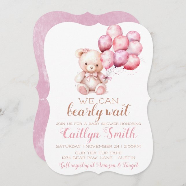 Convites Urso Balões de Urso Garota Chá de fraldas de Esper (Frente/Verso)