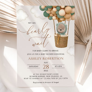 Convites Urso, Balões Verdes, Balão de Ar Quente, Chá de fr