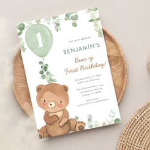 Convites Urso balões verdes de primeiro aniversário verde-c