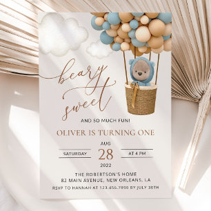 Convites Urso Bastante, Balões Azuis, Primeiro Aniversário