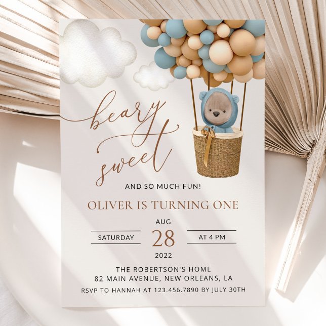 Convites Urso Bastante, Balões Azuis, Primeiro Aniversário (Criador carregado)