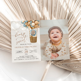 Convites Urso Bastante, Balões Azuis, Primeiro Aniversário