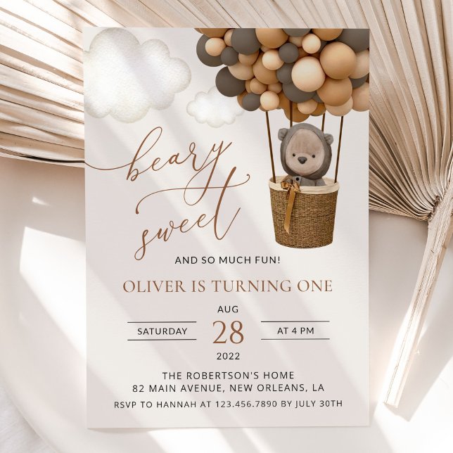 Convites Urso Bastante, Balões Marrons, Primeiro Aniversári (Criador carregado)