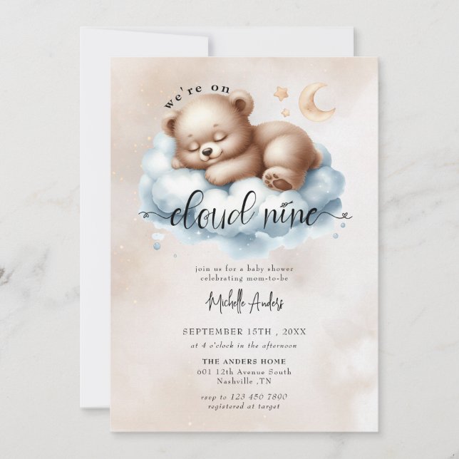 Convites Urso Bebê Bonito | Chá de fraldas Watercolor Boy (Frente)