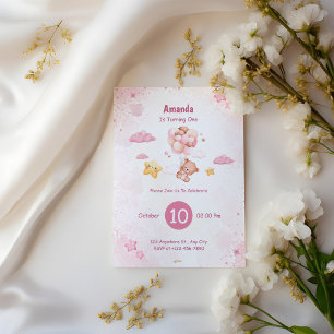 Convites Urso Bebê Bonito com primeiro aniversario de Balõe