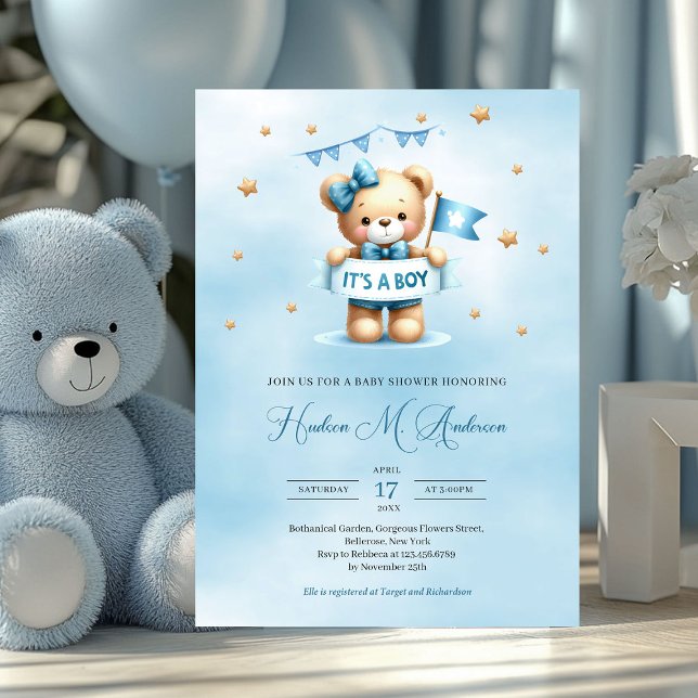 Convites Urso bebê bonito é um chá de fraldas de menino (teddy bear with ribbon it's a boy baby shower invitation)