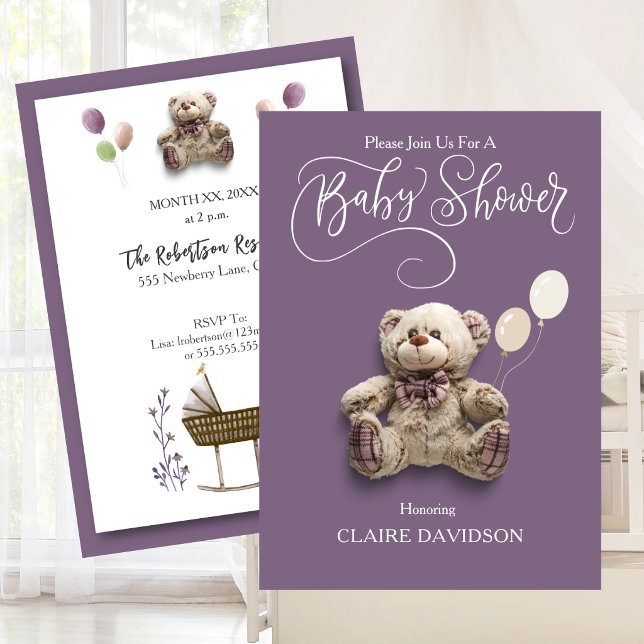 Convites Urso Bebê Fofo com Balões Roxo Branco  (Cute Baby Bear with Balloons Purple White Invitation)