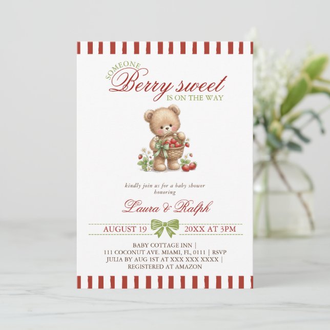 Convites Urso Berry Sweet Churrasco de Bebê Morango (Em pé/Frente)