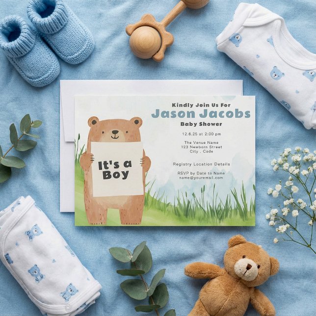 Convites Urso bonitinho de aquarela É um Chá de fraldas (Watercolor cute Bear It’s a Boy Baby Shower Invitation)