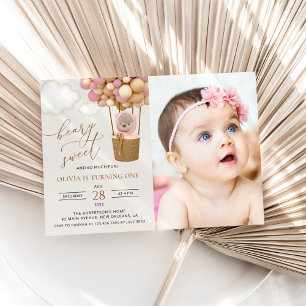 Convites Urso Bonito, Balões Rosa, Primeiro Aniversário
