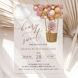 Convites Urso Bonito, Balões Rosa, Primeiro Aniversário