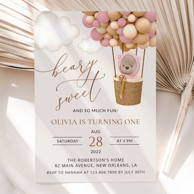 Convites Urso Bonito, Balões Rosa, Primeiro Aniversário (Criador carregado)
