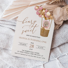 Convites Urso Bonito, Balões Rosa, Primeiro Aniversário