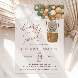 Convites Urso Bonito, Balões Verdes, Primeiro Aniversário