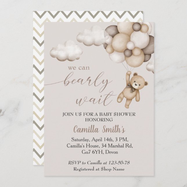 Convites Urso Bonito Com Chá de fraldas De Balões (Frente/Verso)