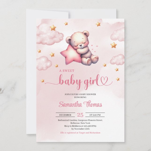 Convites Urso bonito de pelúcia com estrelas chá de fraldas (Frente)