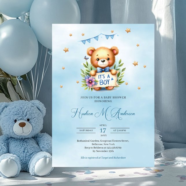 Convites Urso branco é chá de fraldas de menino (teddy bear with ribbon it's a boy baby shower invitation)