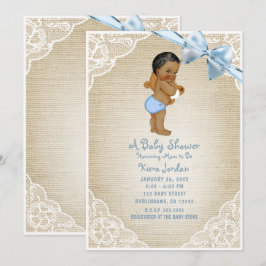 Convites Urso Brown Baby Boy e Laço Azul em Burlap para Chá