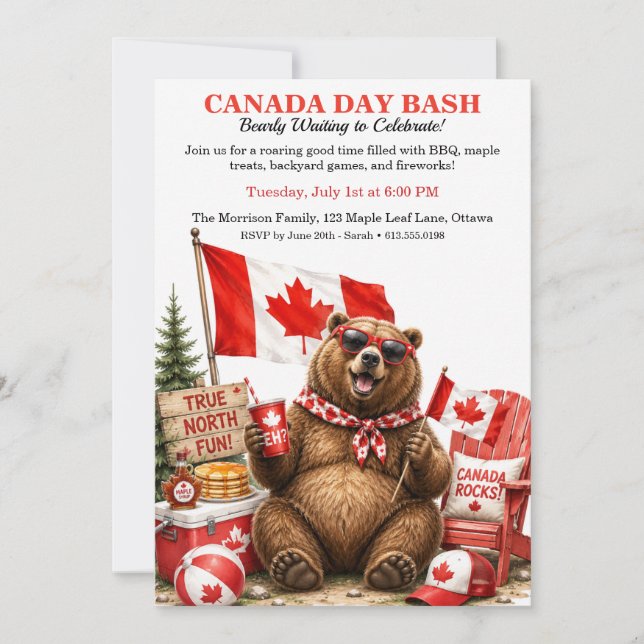 Convites Urso canadense engraçado Festa do Dia do Canadá Ch (Frente)
