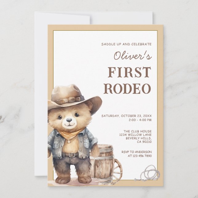 Convites Urso Caubói Ocidental Primeiro Rodeio Aniversário (Frente)