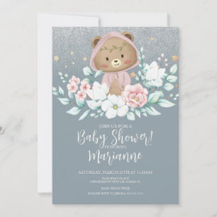 Convites  Urso Chuveiro de Bebê Floral Brilho Rosa