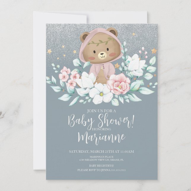 Convites  Urso Chuveiro de Bebê Floral Brilho Rosa (Frente)