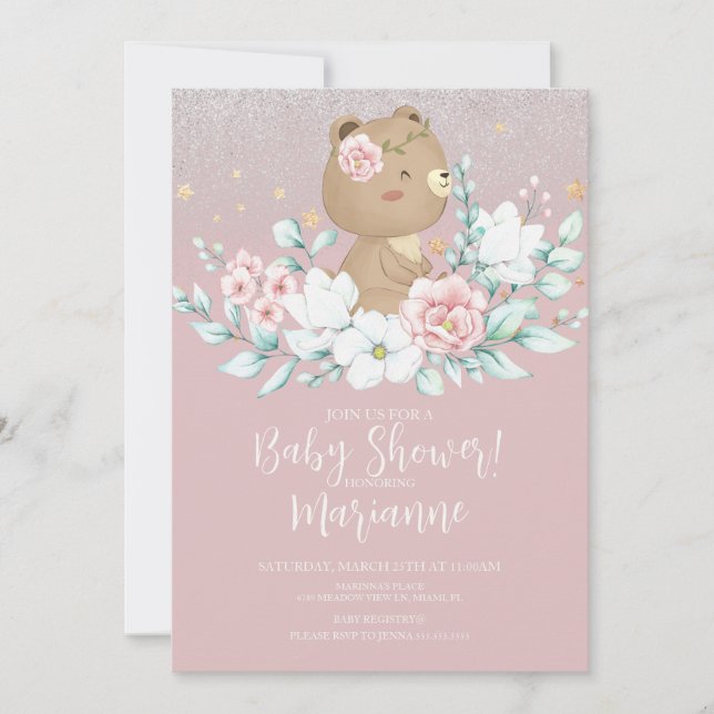 Convites  Urso Chuveiro de Bebê Floral Brilho Rosa Suave  (Frente)