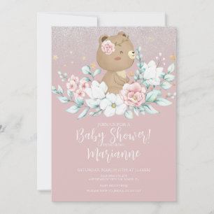 Convites  Urso Chuveiro de Bebê Floral Brilho Rosa Suave 