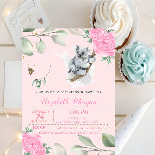 Convites Urso Coala Fofo, Folhas, Chuveiro de Bebê Floral