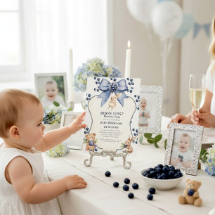 Convites Urso Coelhinho Azul Caprichoso Primeiro Aniversári