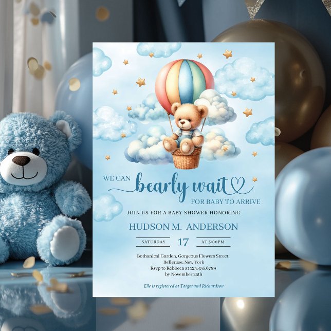 Convites Urso colorido esperando Chá de fraldas (we can bearly wait boy baby shower invitation with teddy bear)
