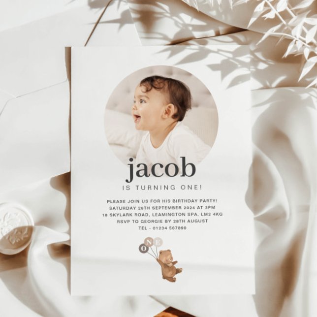 Convites Urso com 3 Balões Marrons - Foto Aniversário (Bear with 3 Brown Balloons - Photo Birthday Invitation)