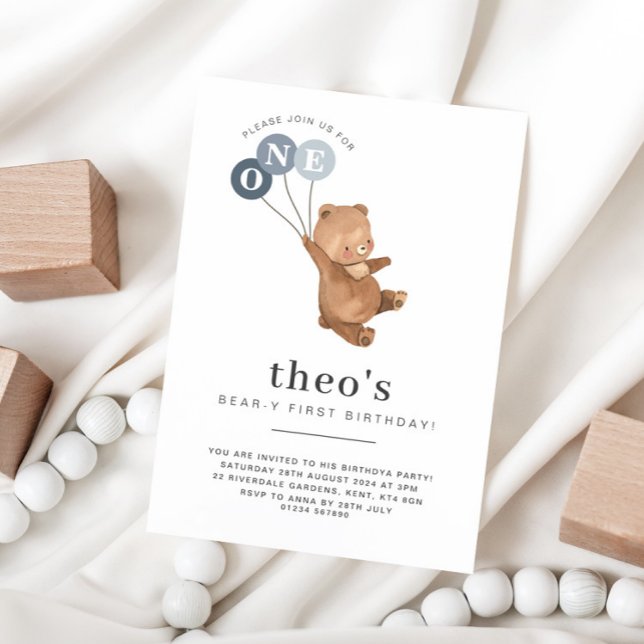 Convites Urso com 3 primeiro aniversario de Balões Azuis (Criador carregado)