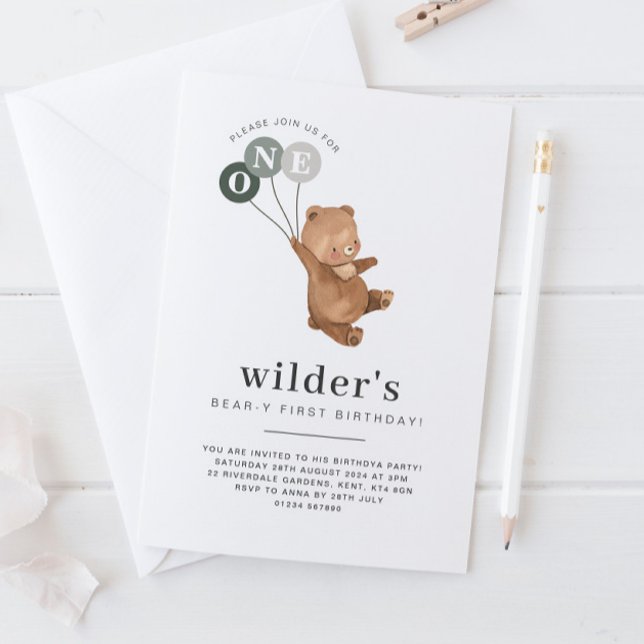 Convites Urso com 3 primeiros aniversarios de Balões Verdes (Criador carregado)