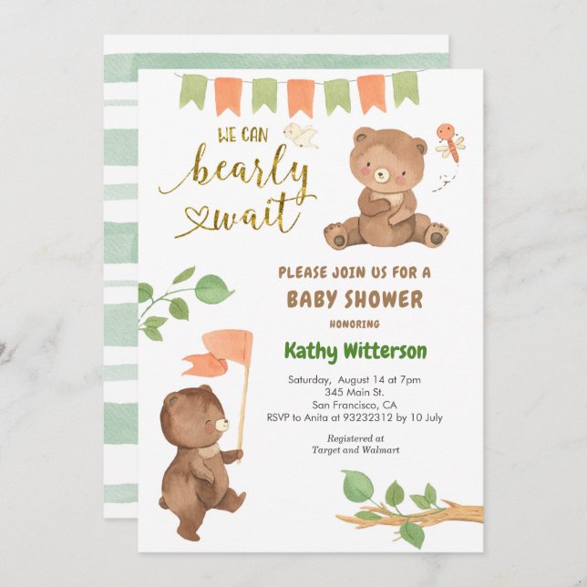 Convites Urso com o Chá de fraldas Eucalyptus (Frente/Verso)