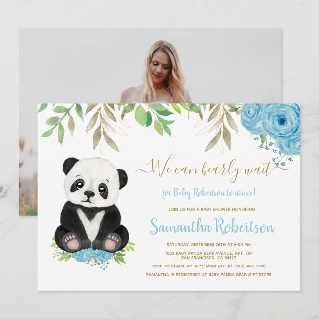 Convites Urso Cónico Aquarela Chá de fraldas Floral Azul (Frente/Verso)