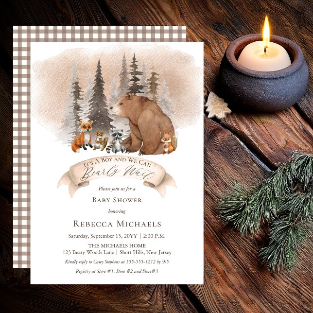Convites Urso da Madeira |Chá de fraldas De Menino De Esper (Rustic Bear and Woodland Animals "Bearly Wait" Boy Baby Shower Invitation - Print | Digital)