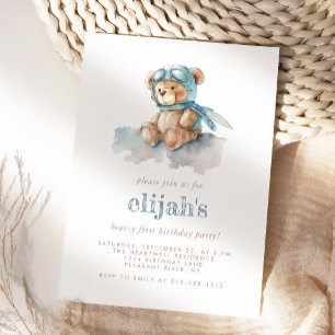 Convites Urso de 1º Aniversário Azul Aquarela Teddy Bear
