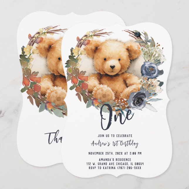Convites Urso de 1º Aniversário Menino Personalizável e Edi (Frente/Verso)