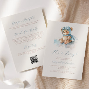Convites Urso de Aguarela Azul Código QR Festa de Bebê Meni